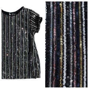 Micro Sequin Stripe Short Sleeve Party Top Black, Silver, Gold, Navy Pink XS